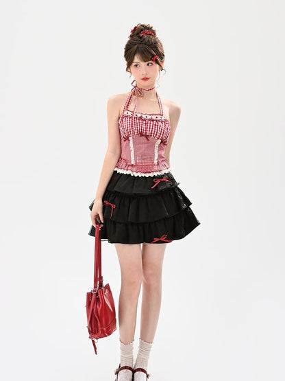 夏用レーストリム、レッドホワイトチェック柄ホルターネックトップ、ホリデー