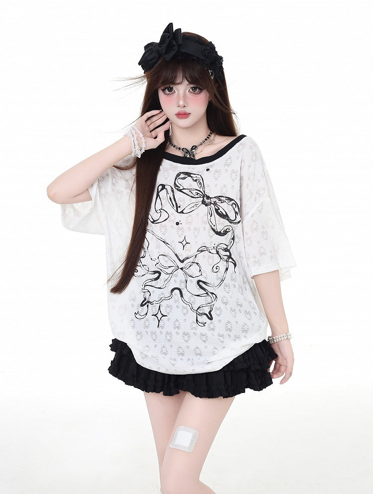 バックリボンプリント ビッグバックレスTシャツ リボン ホワイト セミシアー