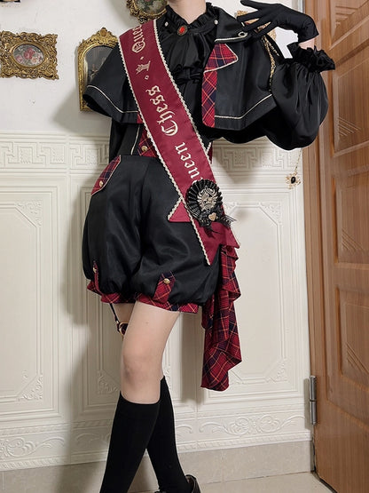 Black and Red Gryffindor Plaid Pattern Ouji Lolita Set Cape + Shorts