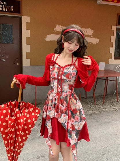Front Red Rosette Print Cascading Ruffles Lace-up Cami Dress