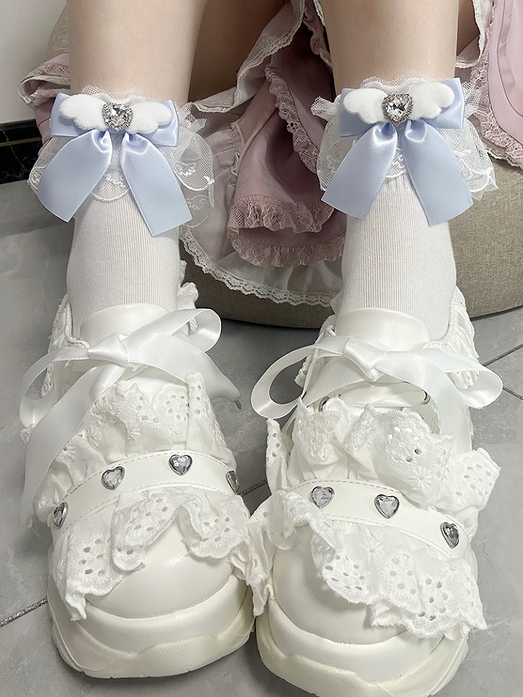Kei Decoration Jirai Wing-Inspired with Ruffled Bow Socks Colors Rhinestone 4
