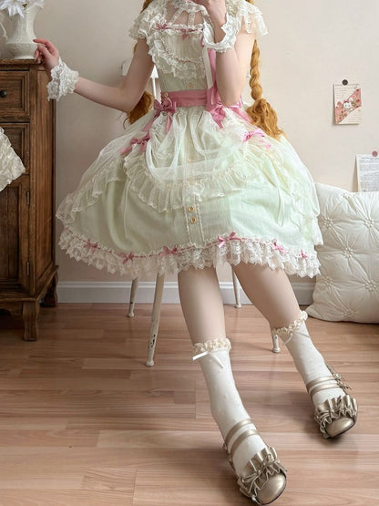 Elegant Version Green Classic Details with Bow Lolita Lace Dress Light and Short