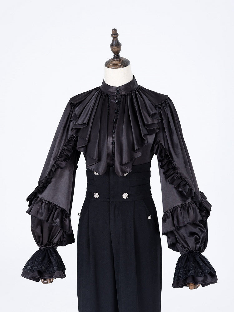 All-Black Ruffled Bodice Shirt with Flounce Trim and Long Sleeves - DevilInspired Exclusive Collection