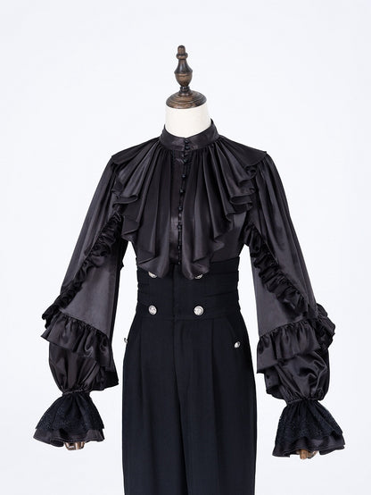 All-Black Ruffled Bodice Shirt with Flounce Trim and Long Sleeves - DevilInspired Exclusive Collection