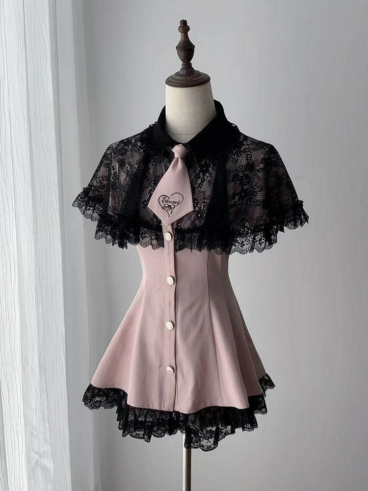 Stripe Dress Set with Lace Cape and Tie - Ekomi
