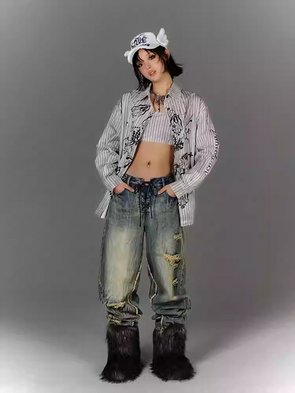 Blaue Vintage-Jeans mit tiefem Bein und Schnürung in der Taille, verblasste Waschung, Distressed-Löcher