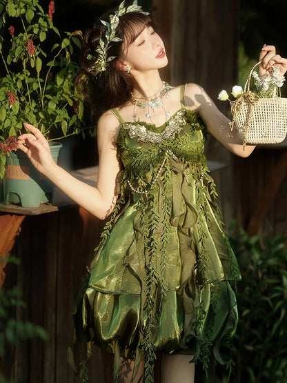 Mori Green Sleeveless Bead Chain Short Dress with Irregular Hem - Han Ru Chu Hanfu &amp; Han-Element Studi