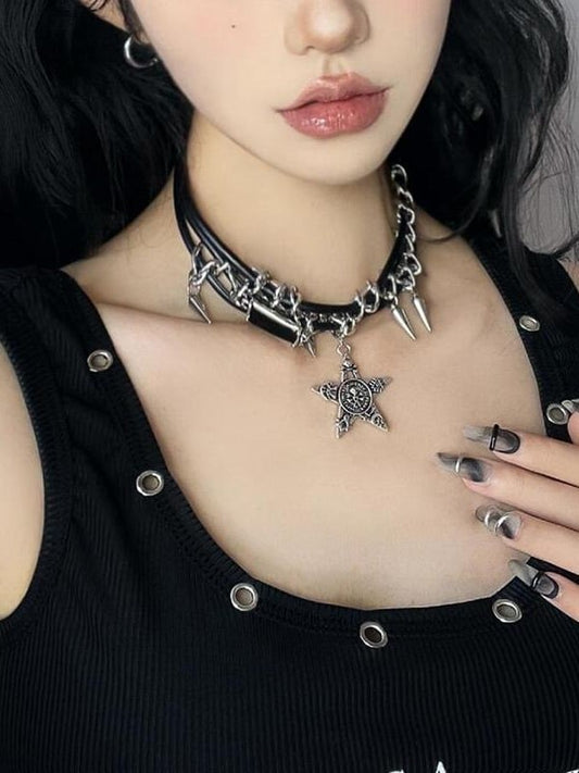 Black-Silver Punk Star Necklace with Spike Accents