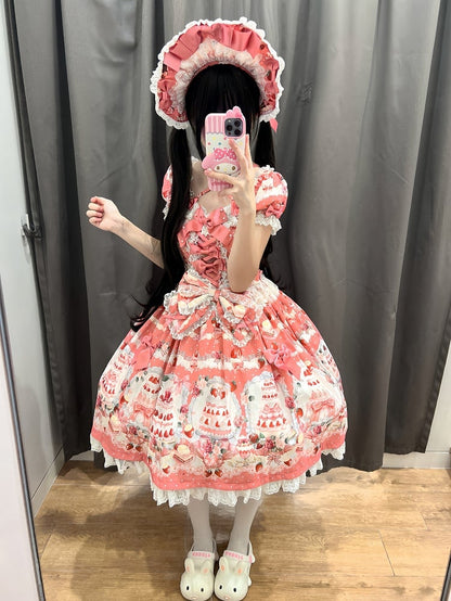 Dress Set Sweet Accents Print Full Bow Lolita Strawberry / Cake Pink