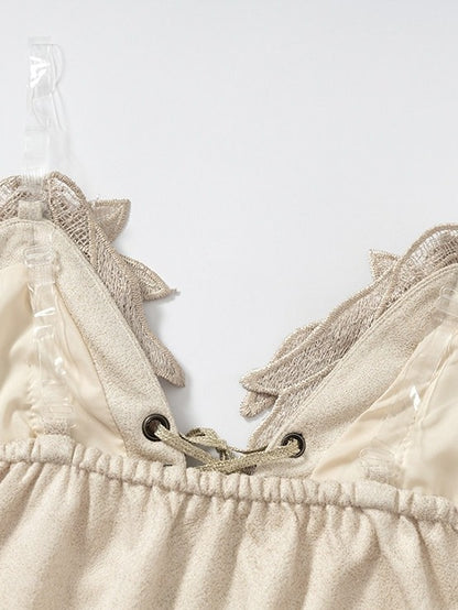 Beige Wing-Embroidered Corset Top with Lace Accents - NO ROMANCE