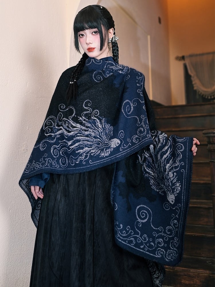 with Gothic Navy Shawl Print Koi Fish