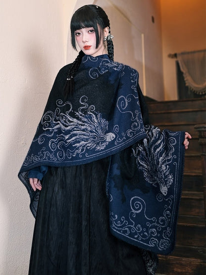 with Gothic Navy Shawl Print Koi Fish