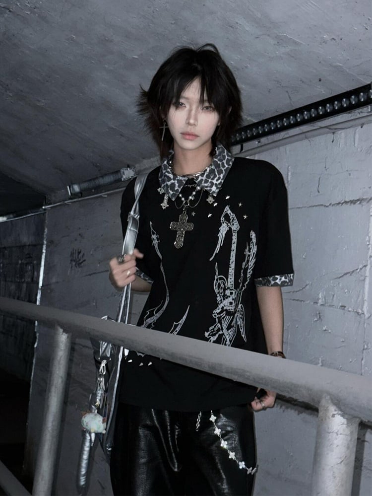 Print Y2K Patchwork Cross T-Shirt with Leopard and