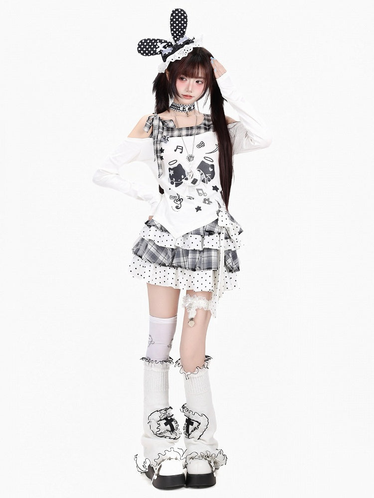 Ivory Asymmetric Tartan Cutout Top with Celestial Kitten Print - CRAZY GIRL