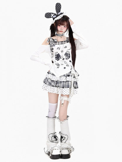 Ivory Asymmetric Tartan Cutout Top with Celestial Kitten Print - CRAZY GIRL
