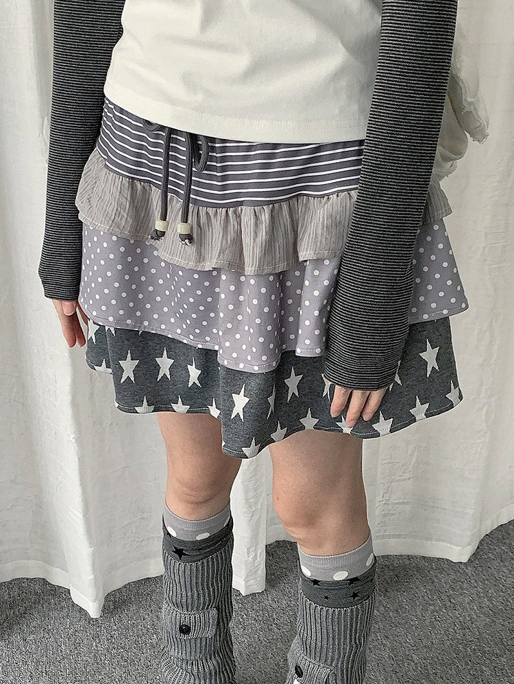 Dark Gray Star and Stripe Layered Ruffle Skirt - Solkatt