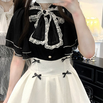 レースネックライン ジライ ブラック/ピンク/ホワイト ショールブラウス kei セルフタイ ボウトリム シフォン