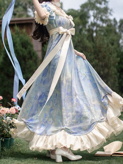 Stück Lolita Maxi One Kleid Taille Elegante Klassische Malerei Blau Empire Öldruck