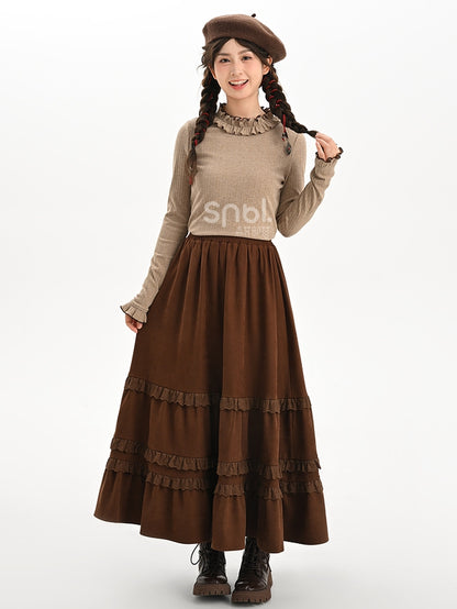 Hellbraunes Langarm-Top mit Rüschenausschnitt