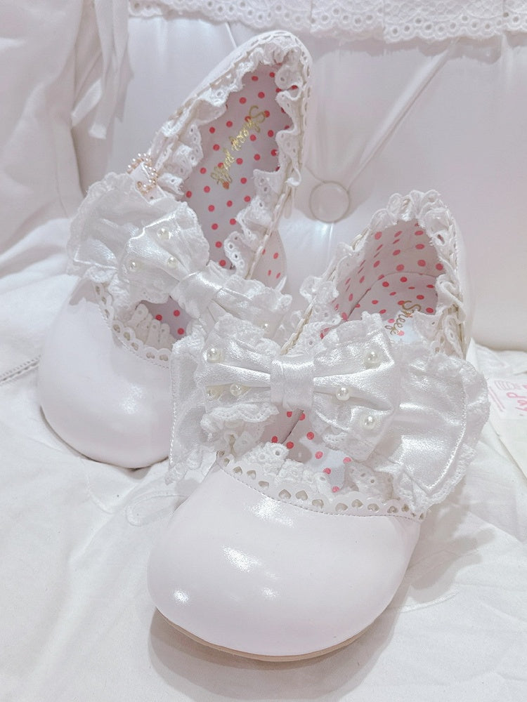 in Bow Sweet with Lace-Trimmed Mid Strap White Beaded Clasp Lolita Heart Heels