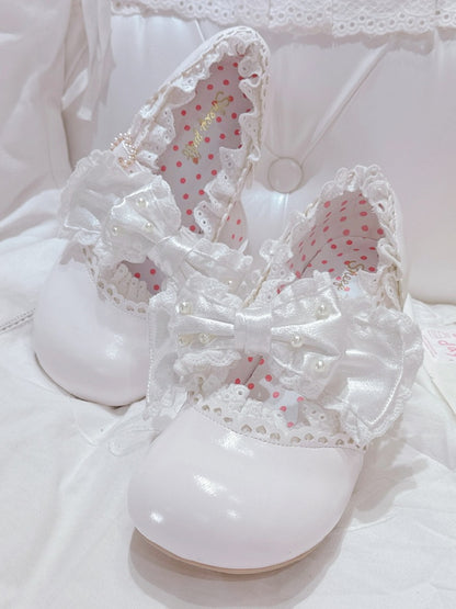 in Bow Sweet with Lace-Trimmed Mid Strap White Beaded Clasp Lolita Heart Heels