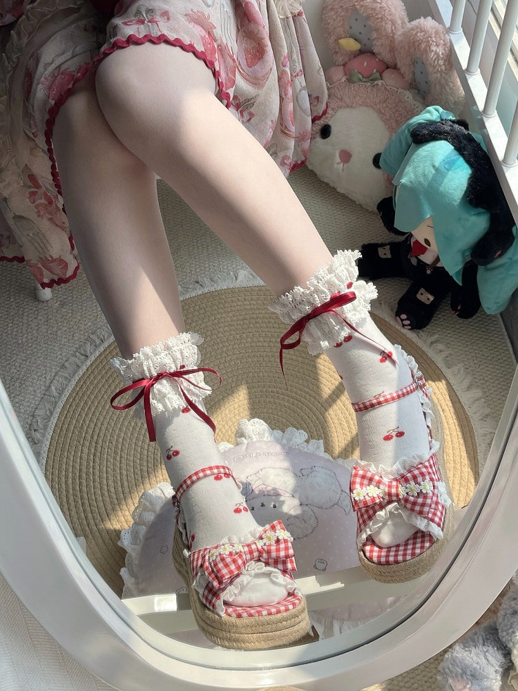 Cherry-Printed Ankle Socks in Red and White Lolita Style - Fantasy Doll
