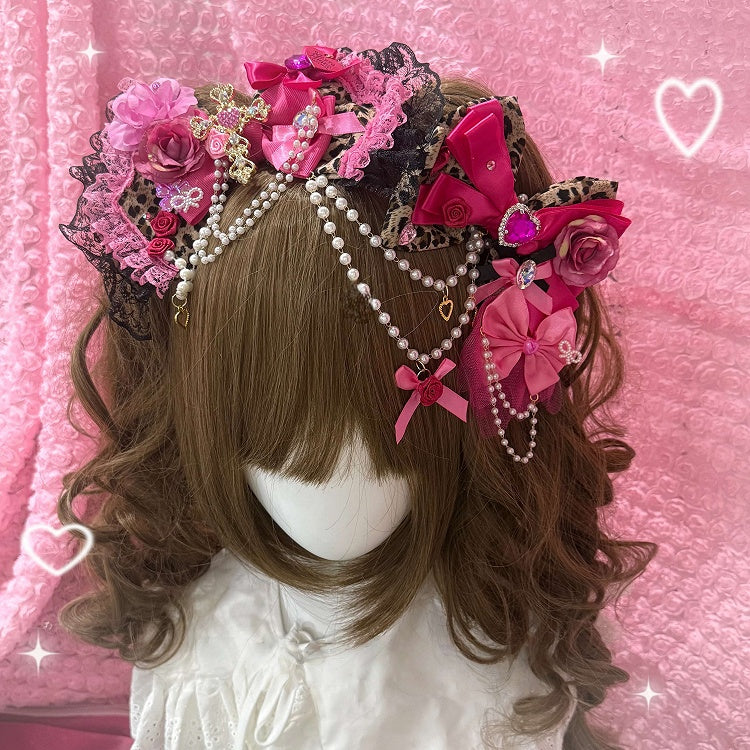 Gyaru Hime Headpiece Rose Leopard Pink with Fashion Print -