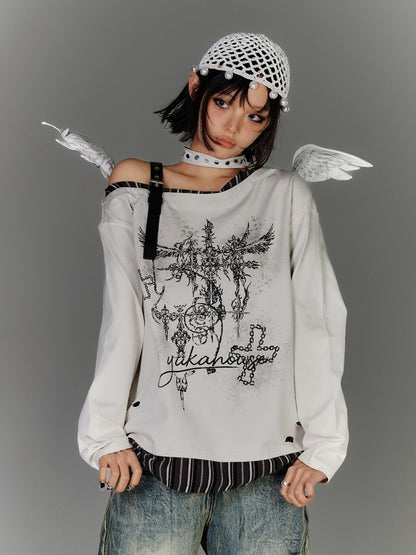 Y2K Apricot Asymmetrical Neckline Buckle Strap Glamorous Graphic Top