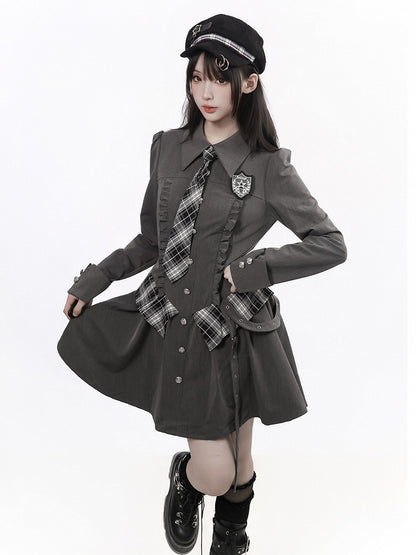 Ruffle Accent Gray Long Sleeve Preppy Dress with Plaid Tie & Shirt Collar - PINK SAVIOR