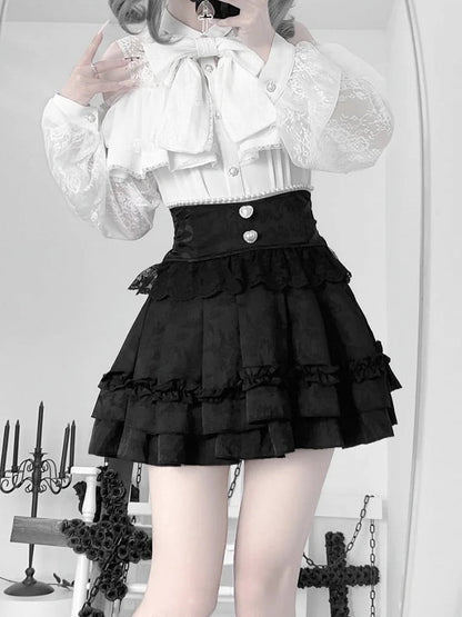 Jirai Tiered Skirtwith LaceBead Decorations|Elegant Jacquard Kei Style Black