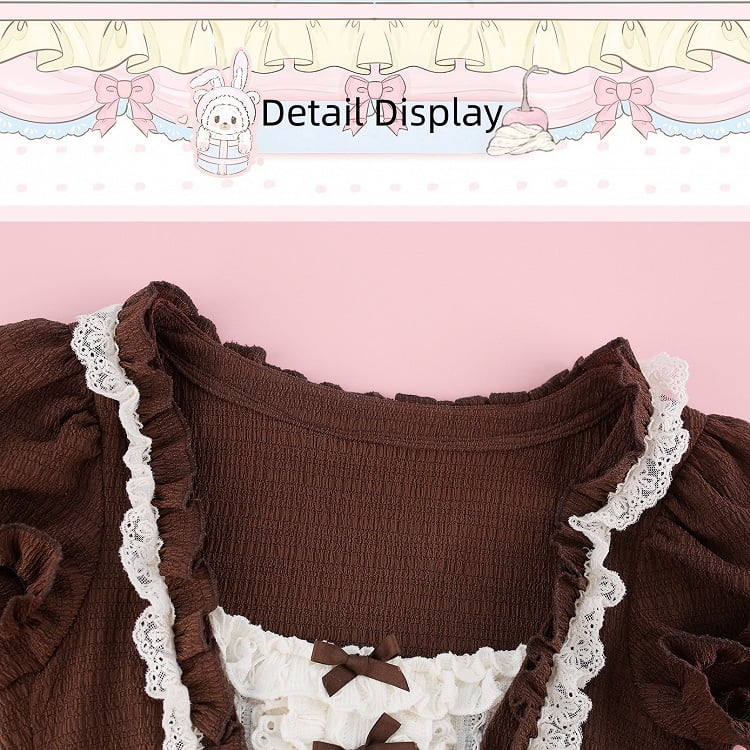 Coffee Puff-Sleeve Top with Lace and Ruffles - serendipity