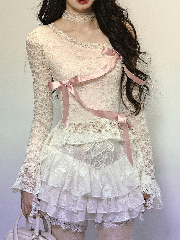 Apricot Ribbon Bow Detail Asymmetrical Neckline Lace Top