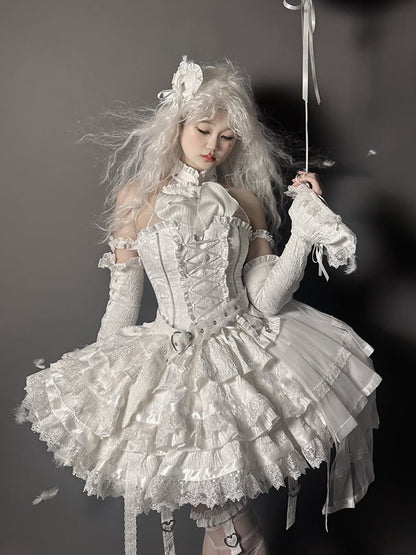 White Ruffles Gothic Strappy Lolita Skirt Tiered Heart Buckle
