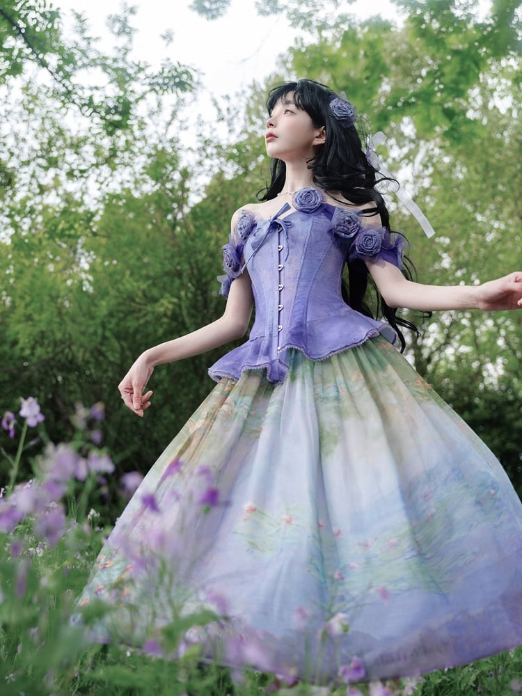 Korsett-Oberteil mit Stäbchen und abnehmbaren Blumenverzierungen, violetter Volantsaum