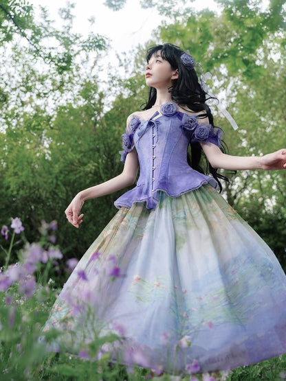 Korsett-Oberteil mit Stäbchen und abnehmbaren Blumenverzierungen, violetter Volantsaum