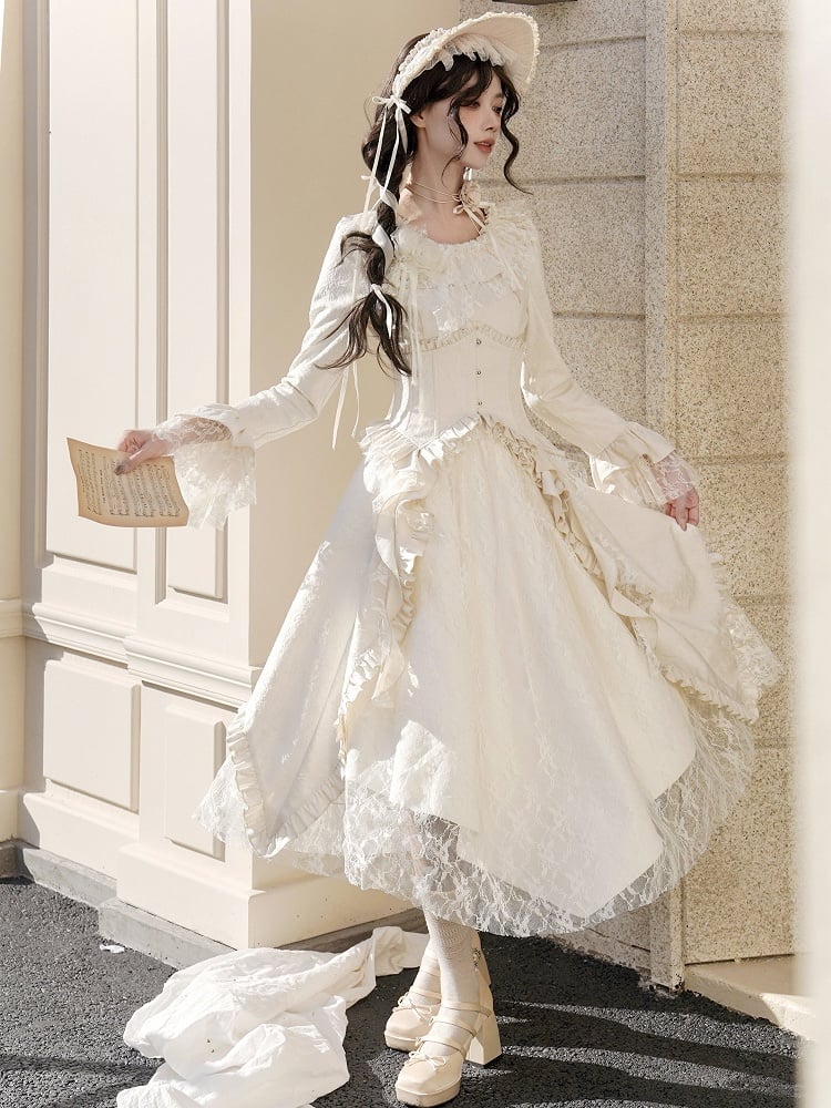 Lolita Dress with Rose Fabric, Lace Panels and Asymmetric Skirt in Beige