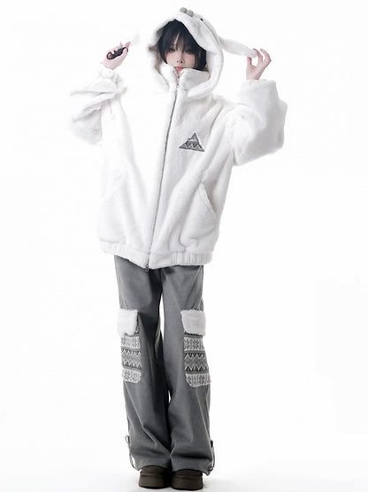 Lining Seal-inspired White Hooded Cozy Jacket with Fleece Plush