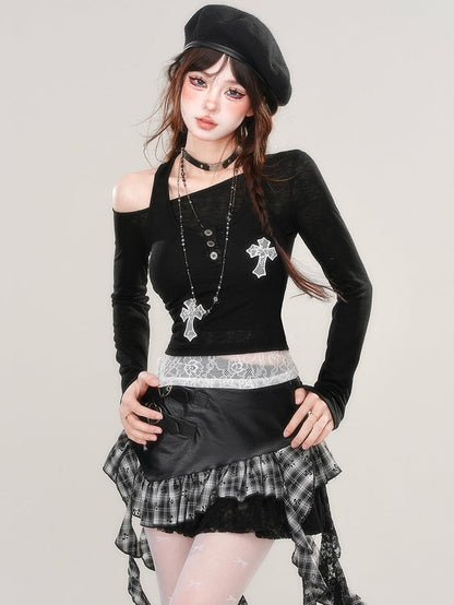 Grey Asymmetrical Neckline Top with Lace Cross Appliques Tank Top Set