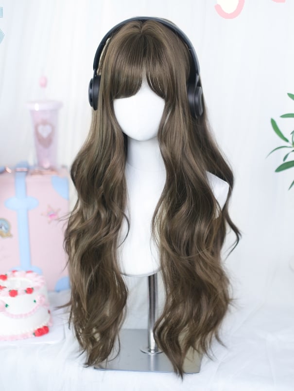 Lange, gewellte Perücke (65–70 cm) mit seitlich gefegtem schwarz-braunem Pony