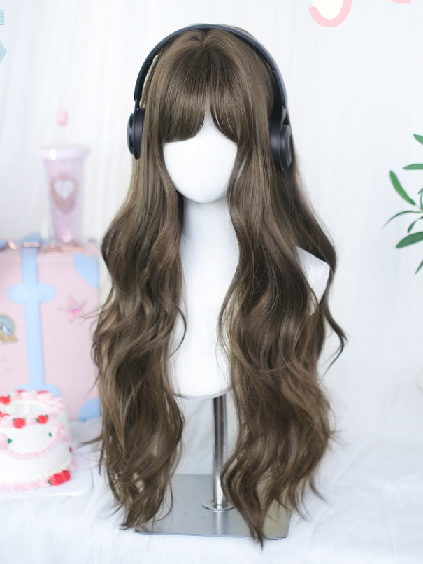 Wig Black/Brown Side-swept Bangs Wavy 65-70cm With Long