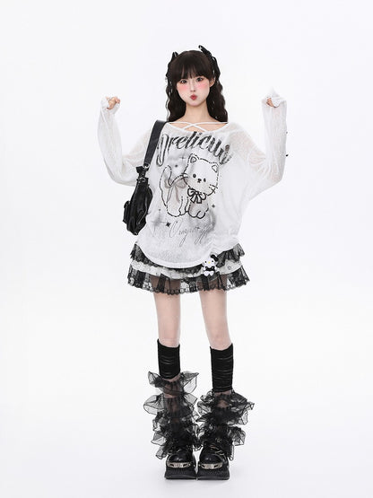 Black/White Semi-Sheer Knit Top with Cutout Sleeves and Cute Cat Print