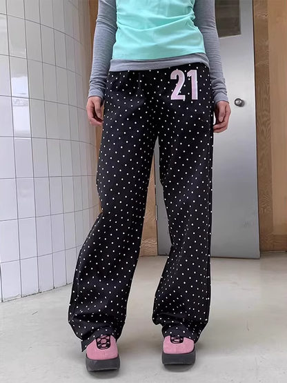 Number Wide-leg Dot with Black Pants Polka Print and