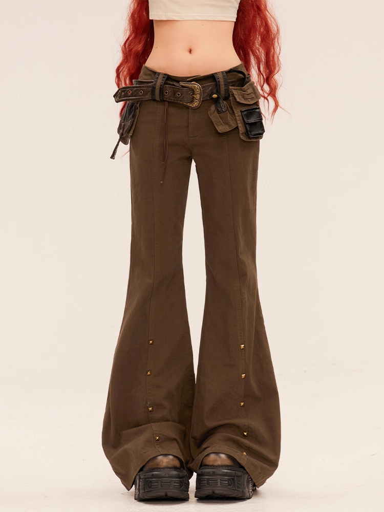with Waist Studded Cuffs Flared Pants Buckle Belt Brown Low