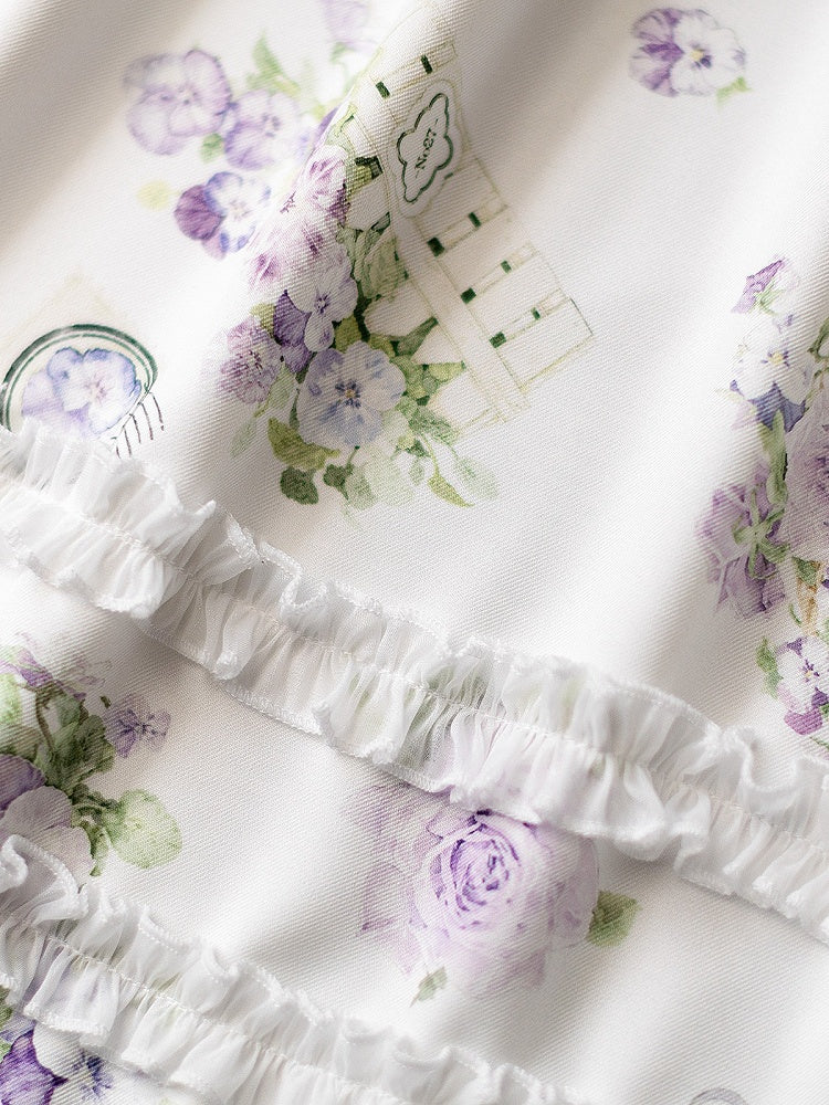 White Floral Puff-Sleeve One-Piece Lolita Dress - Forest Wardrobe