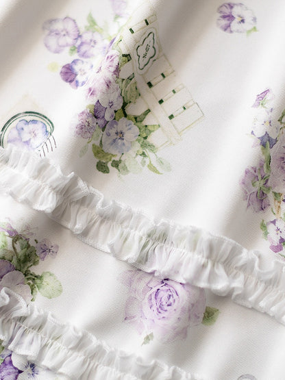 White Floral Puff-Sleeve One-Piece Lolita Dress - Forest Wardrobe