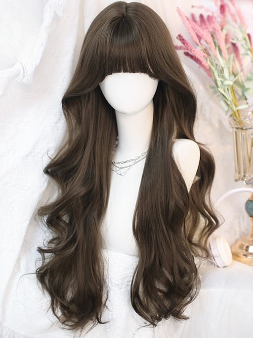 Taillenperücke, 70 cm, gewellter Pony, braune Länge