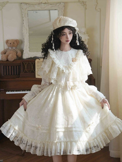 Beige Harp Embroidery Spring Semi-sheer Long Sleeves Elegant Classic Lolita Dress