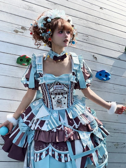 Brown Skirt Sleeves Detachable with Embroidery Dress Circus Lolita Jumper Bunny Blue Sweet Puff and