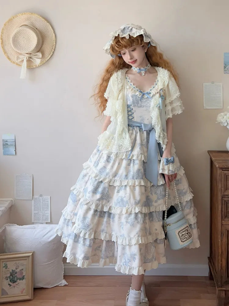 プリント裾ジャンパースカート グレープ ブルー ロリータ 取り外し可能