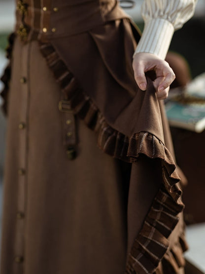 Schleppe Saum Braun Rüschen Plaid Dunkel Muster Steampunk